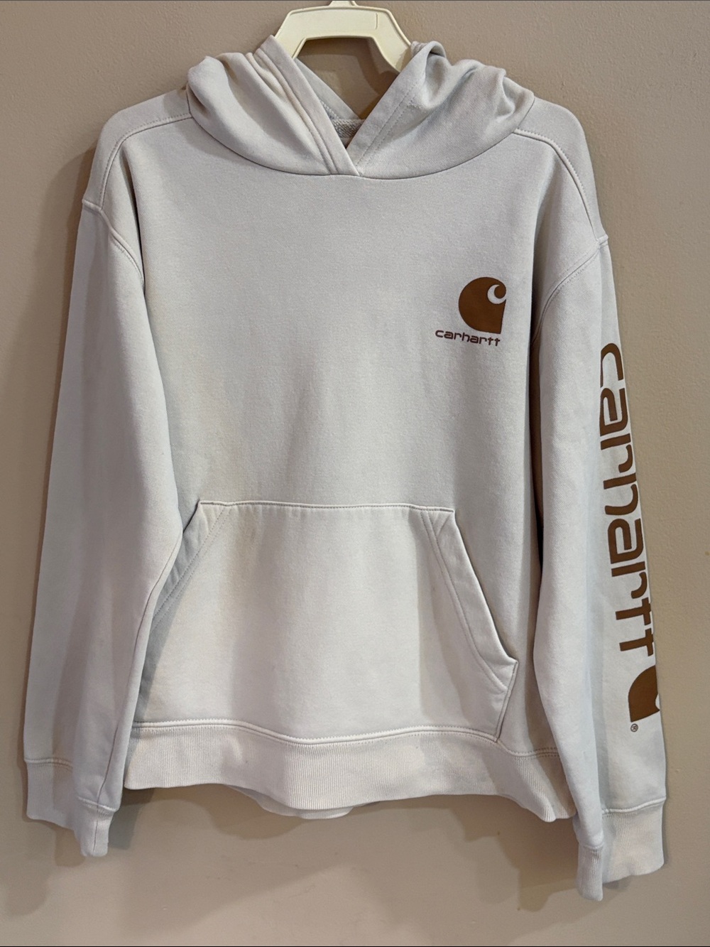 Carhartt Cream Kids’ Hoodie with Brown Logo and Sleeve Script, M (10/12)